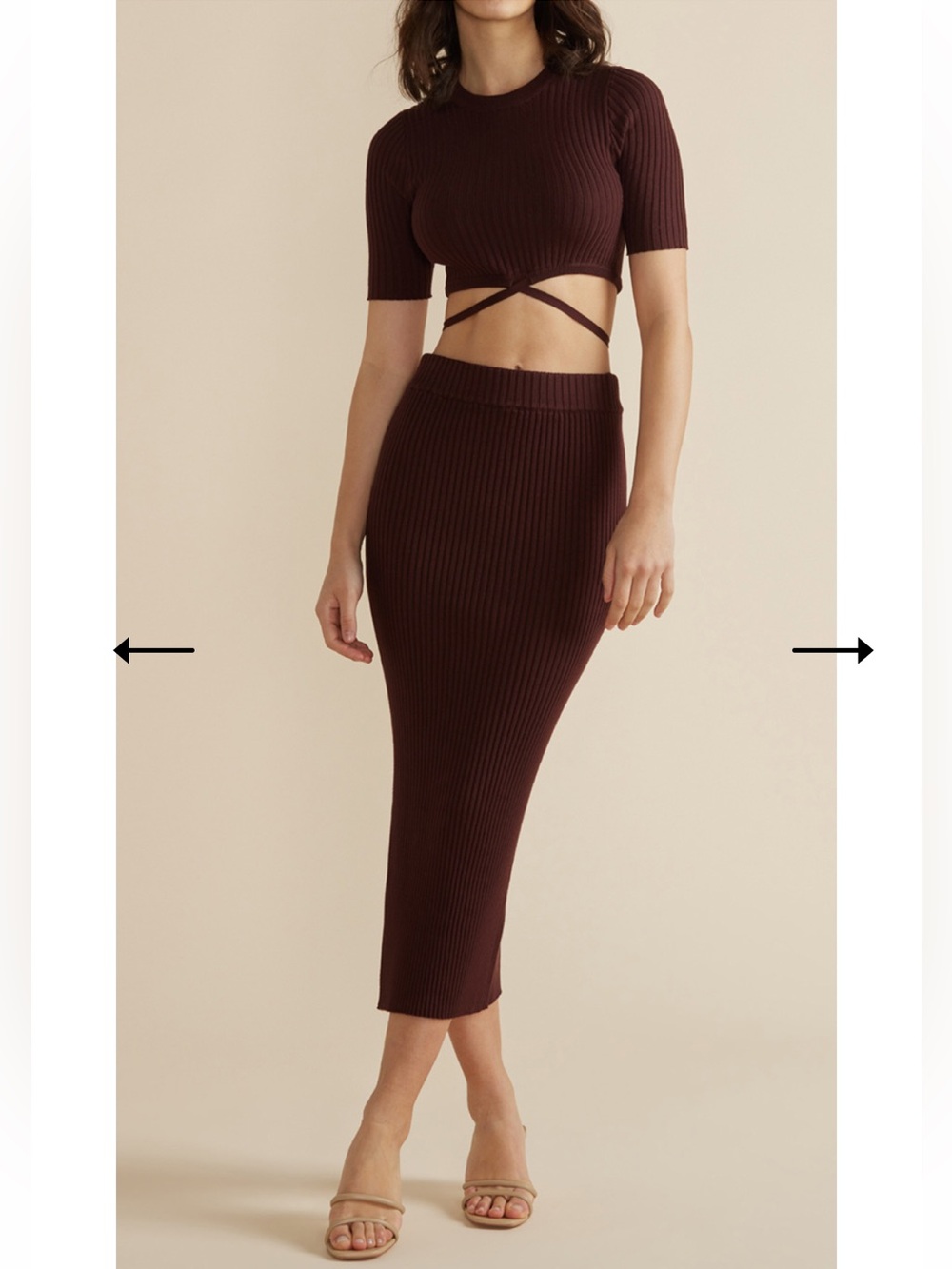 MINKPINK Set - Lynd Knit Ribbed Two-piece: Tie Crop Top & Midi Pencil Skirt
